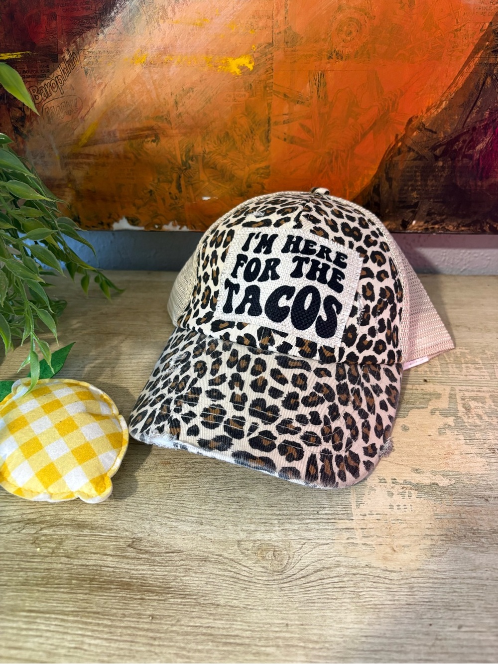 Leopard Print 'I'm Here for the Tacos' Ponytail Trucker Hat
